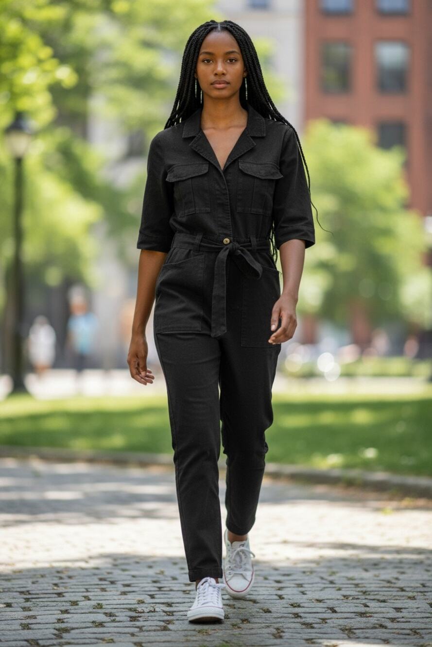 Democracy Denim Belted Jumpsuit Pockets Sz S Black Gold Retro Capsule Minimalist
